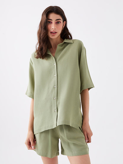 Plain Short Sleeve Oversize Linen Blend Women's Shirt