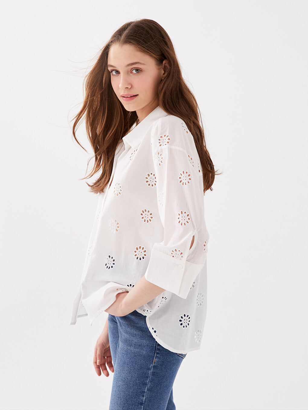 Self Patterned Oversize Embroidery Women's Shirt