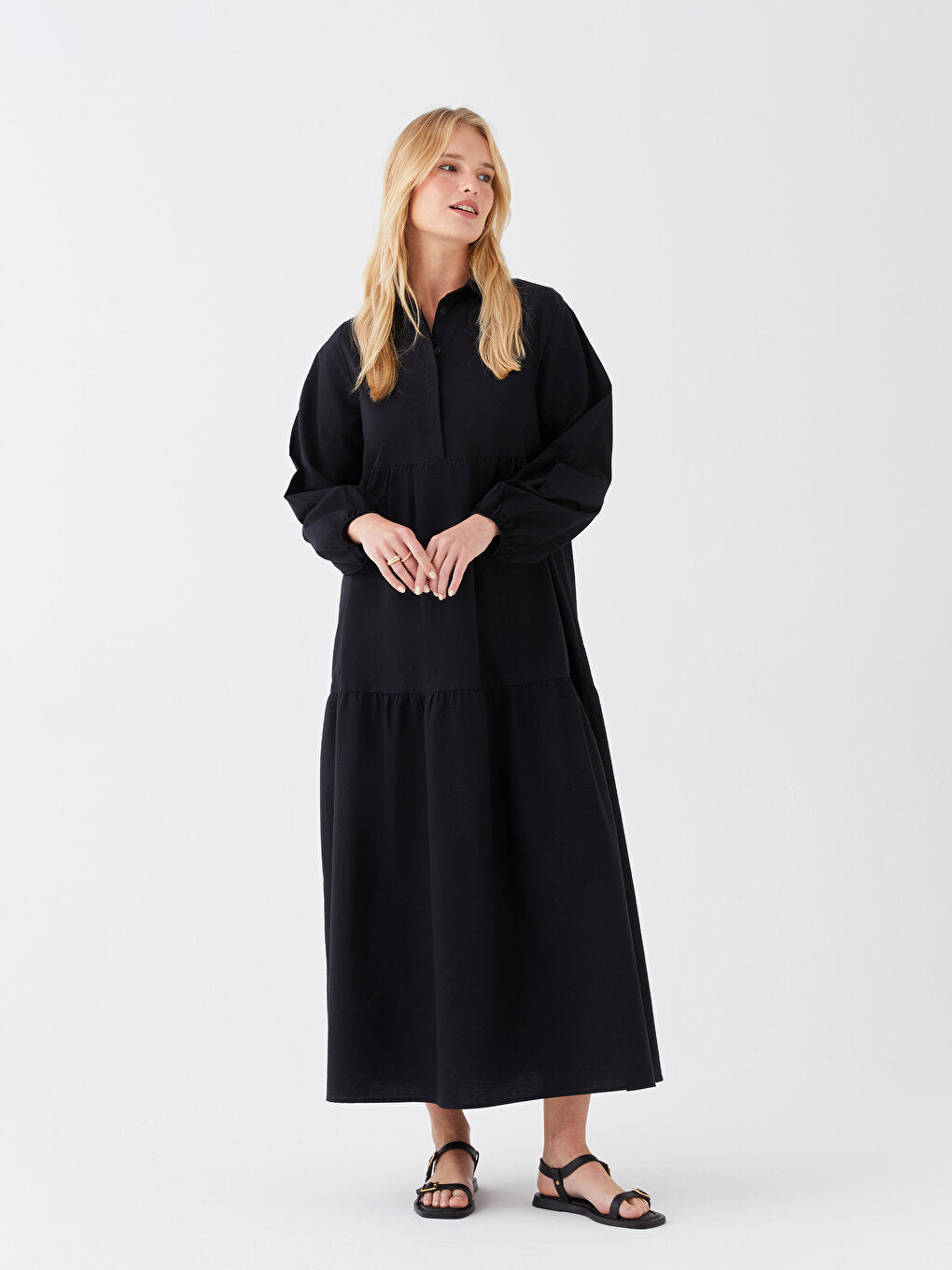 Shirt Collar Plain Long Sleeve Poplin Women's Dress