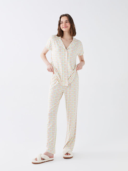 Shirt Collar Patterned Short Sleeve Women's Pajama Set