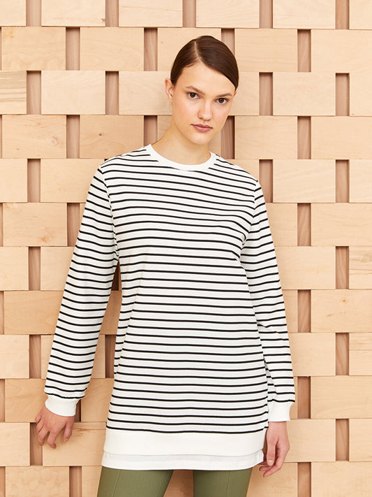 Crew Neck Striped Long Sleeve Women's Sweatshirt Tunic