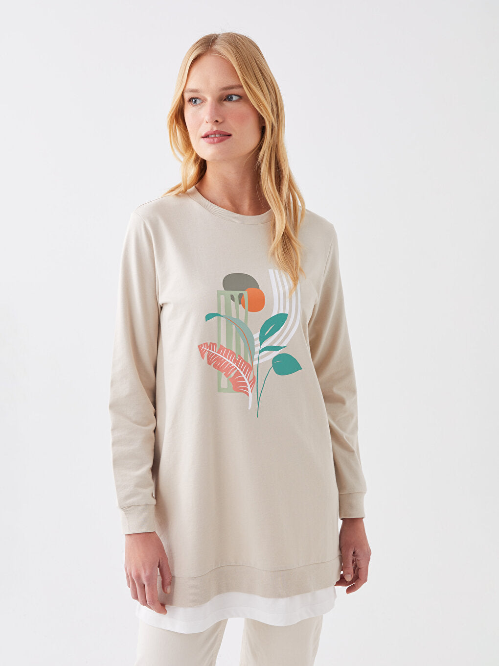 Crew Neck Printed Long Sleeve Women's Sweatshirt Tunic