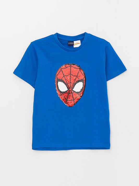 Crew Neck Spiderman Printed Reversible Sequined Short Sleeve Boys' T-Shirt