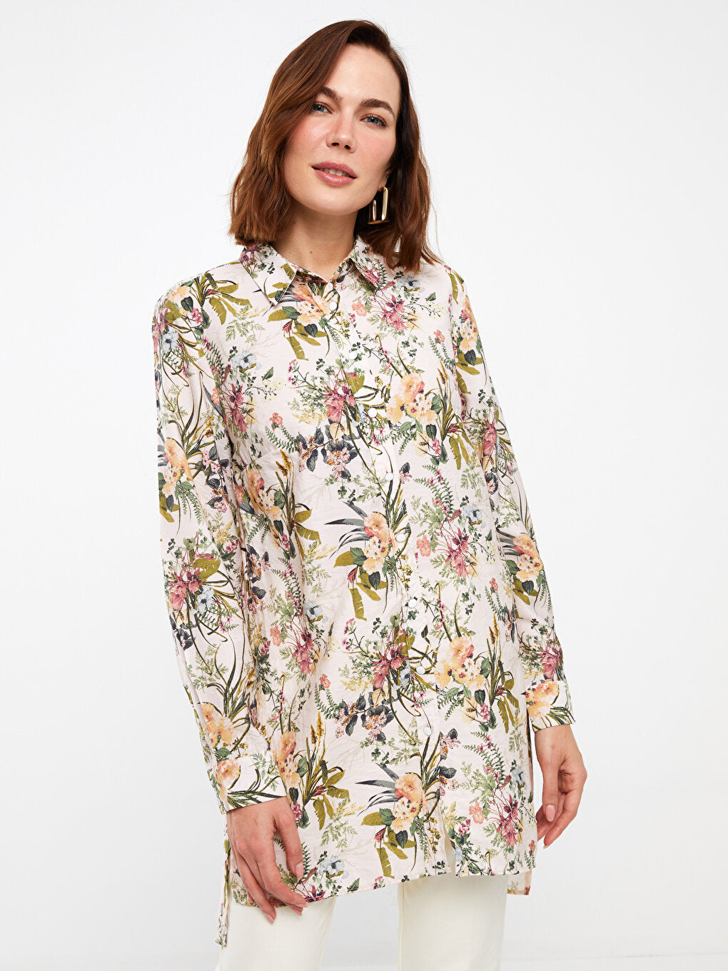 Floral Long Sleeve Poplin Women's Shirt Tunic