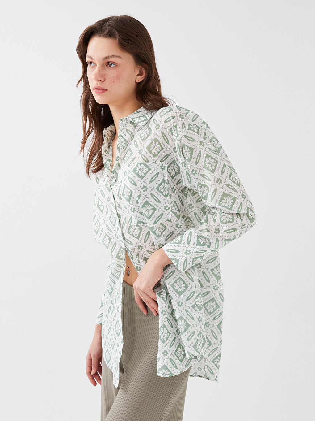 Patterned Long Sleeve Voile Women's Shirt Tunic