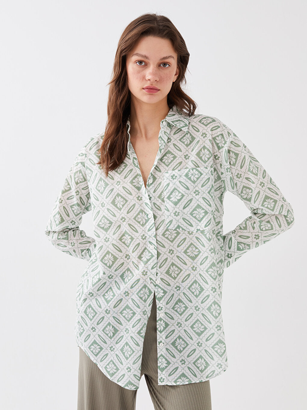 Patterned Long Sleeve Voile Women's Shirt Tunic