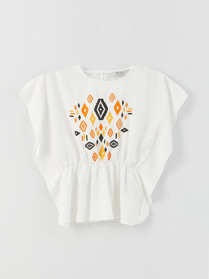 Crew Neck Printed Short Sleeve Girl's Blouse