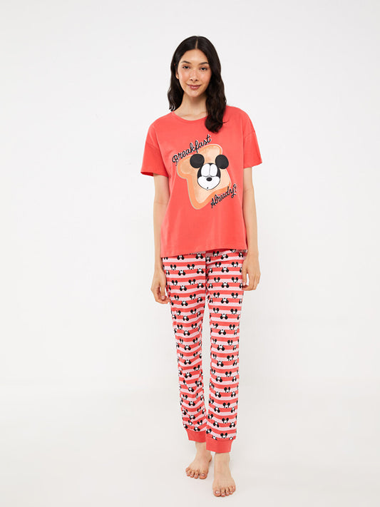 Crew Neck Mickey Mouse Printed Short Sleeve Women's Pajama Set