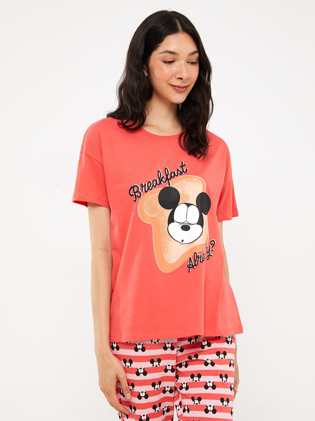 Crew Neck Mickey Mouse Printed Short Sleeve Women's Pajama Set