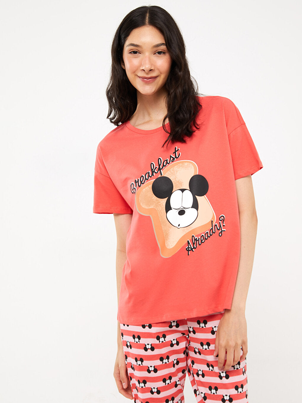 Crew Neck Mickey Mouse Printed Short Sleeve Women's Pajama Set