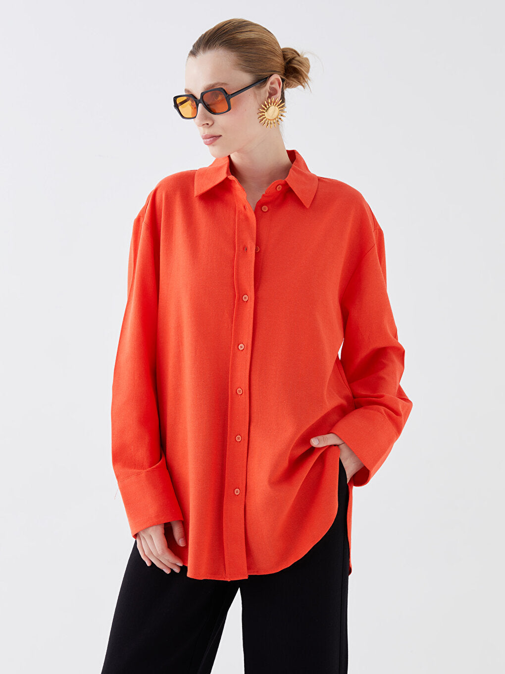 Plain Long Sleeve Oversize Linen Blend Women's Shirt