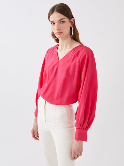 V-Neck Plain Long Sleeve Women's Blouse