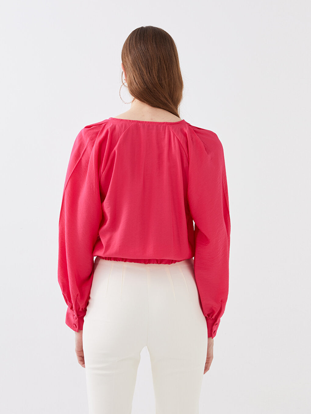 V-Neck Plain Long Sleeve Women's Blouse