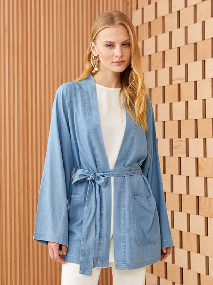 Shawl Collar Plain Long Sleeve Women's Jean Tunic