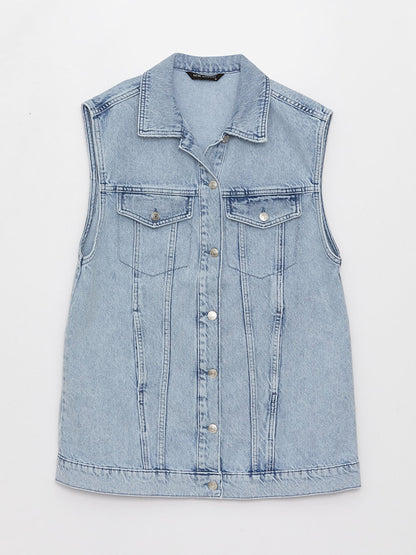 Women's Shirt Collar Plain Jean Vest