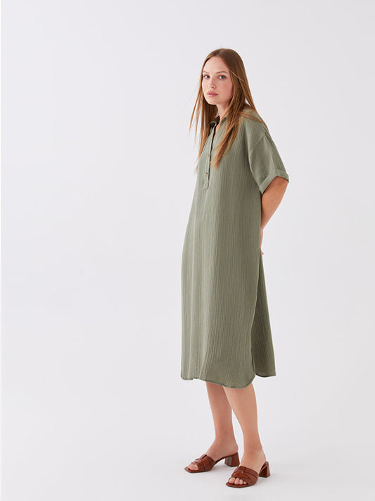 Shirt Collar Plain Short Sleeve Muslin Women's Dress