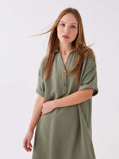 Shirt Collar Plain Short Sleeve Muslin Women's Dress