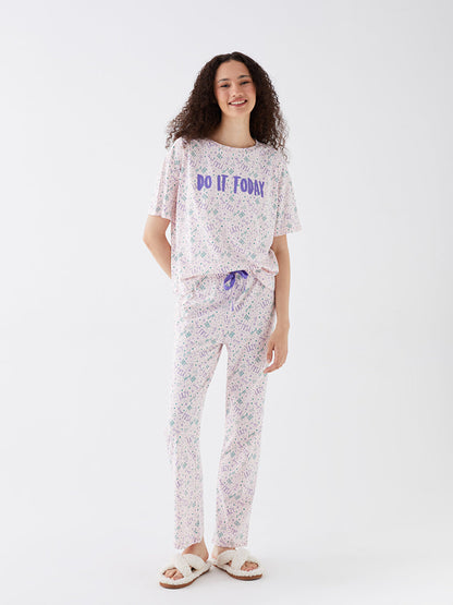 Crew Neck Patterned Short Sleeve Women's Pajama Set