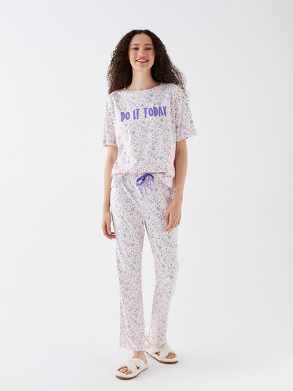 Crew Neck Patterned Short Sleeve Women's Pajama Set