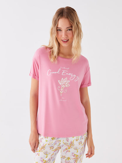 Crew Neck Printed Short Sleeve Women's Pajama Set