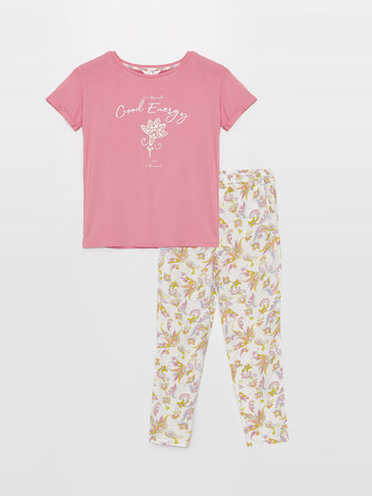 Crew Neck Printed Short Sleeve Women's Pajama Set