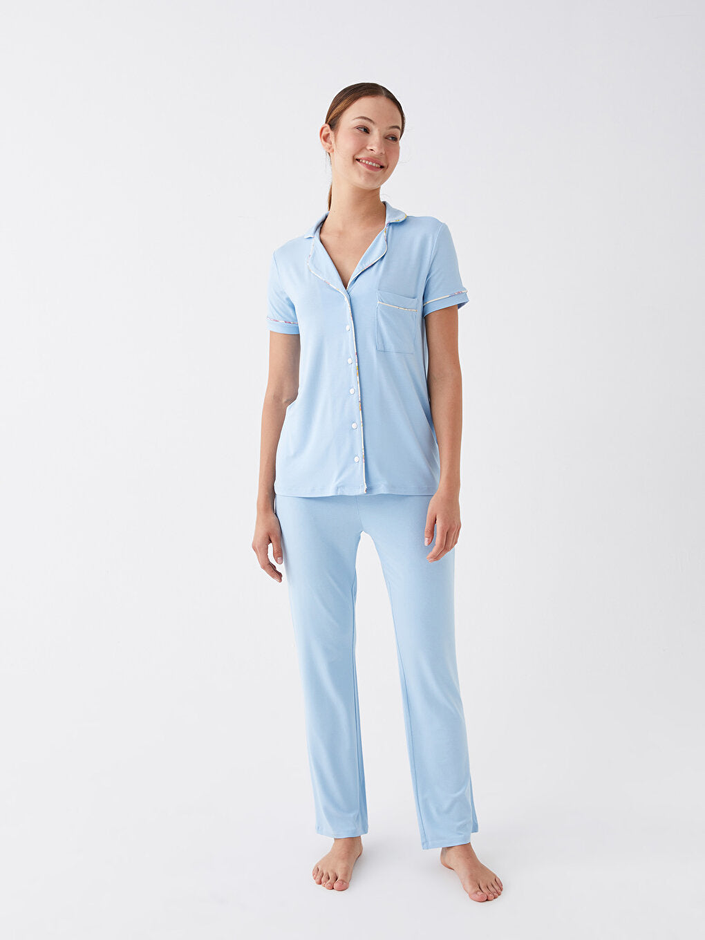 Shirt Collar Plain Short Sleeve Women's Pajama Set