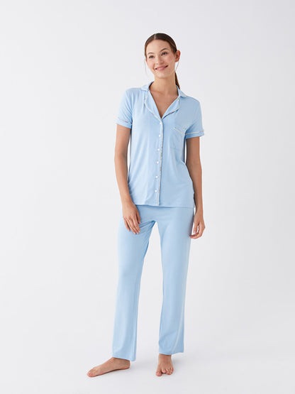 Shirt Collar Plain Short Sleeve Women's Pajama Set