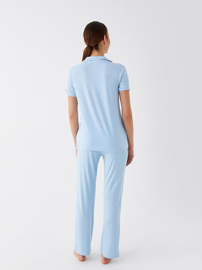 Shirt Collar Plain Short Sleeve Women's Pajama Set