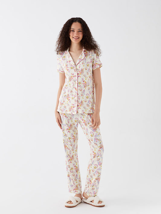 Shirt Collar Patterned Short Sleeve Women's Pajama Set