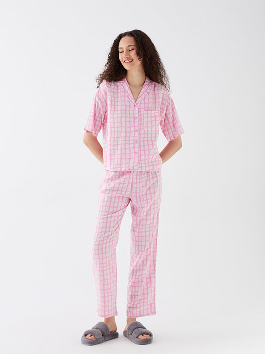 Shirt Collar Patterned Short Sleeve Women's Pajama Set