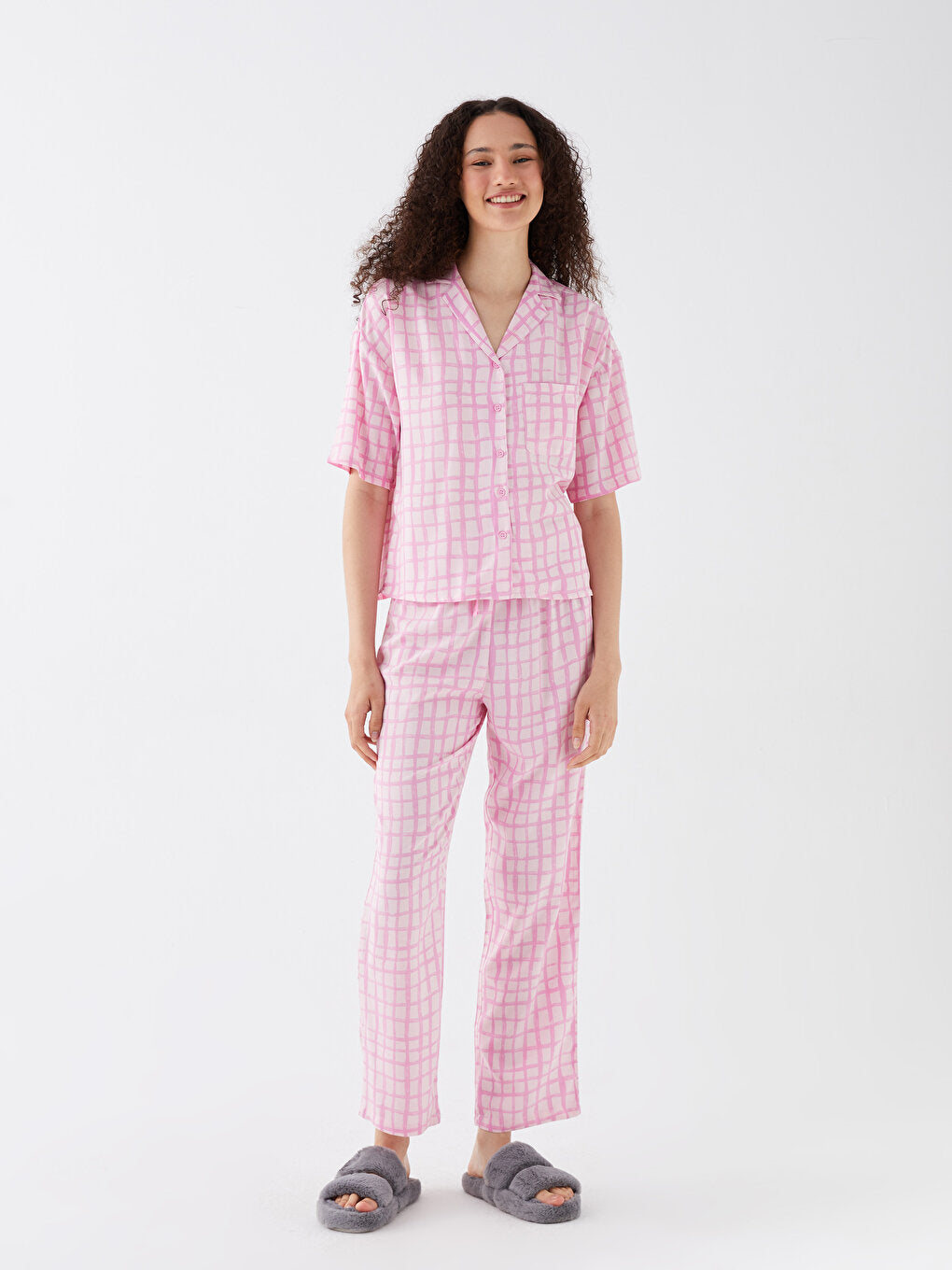 Shirt Collar Patterned Short Sleeve Women's Pajama Set