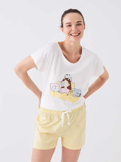 Crew Neck Printed Short Sleeve Women's Pajama Set with Shorts