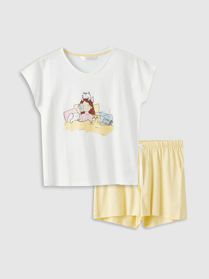 Crew Neck Printed Short Sleeve Women's Pajama Set with Shorts