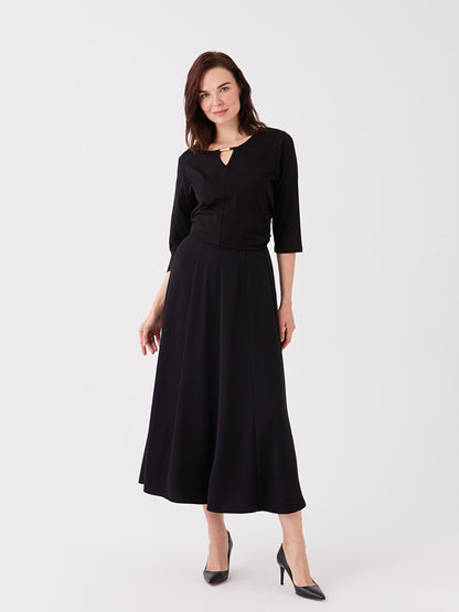 Plain Linen Look Women's Skirt with Elastic Waist