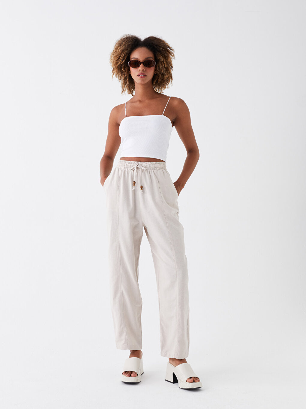 Comfortable Fit Plain Linen Blend Women's Trousers