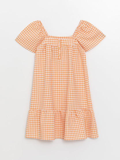 Square Neck Plaid Short Sleeve Girl's Dress