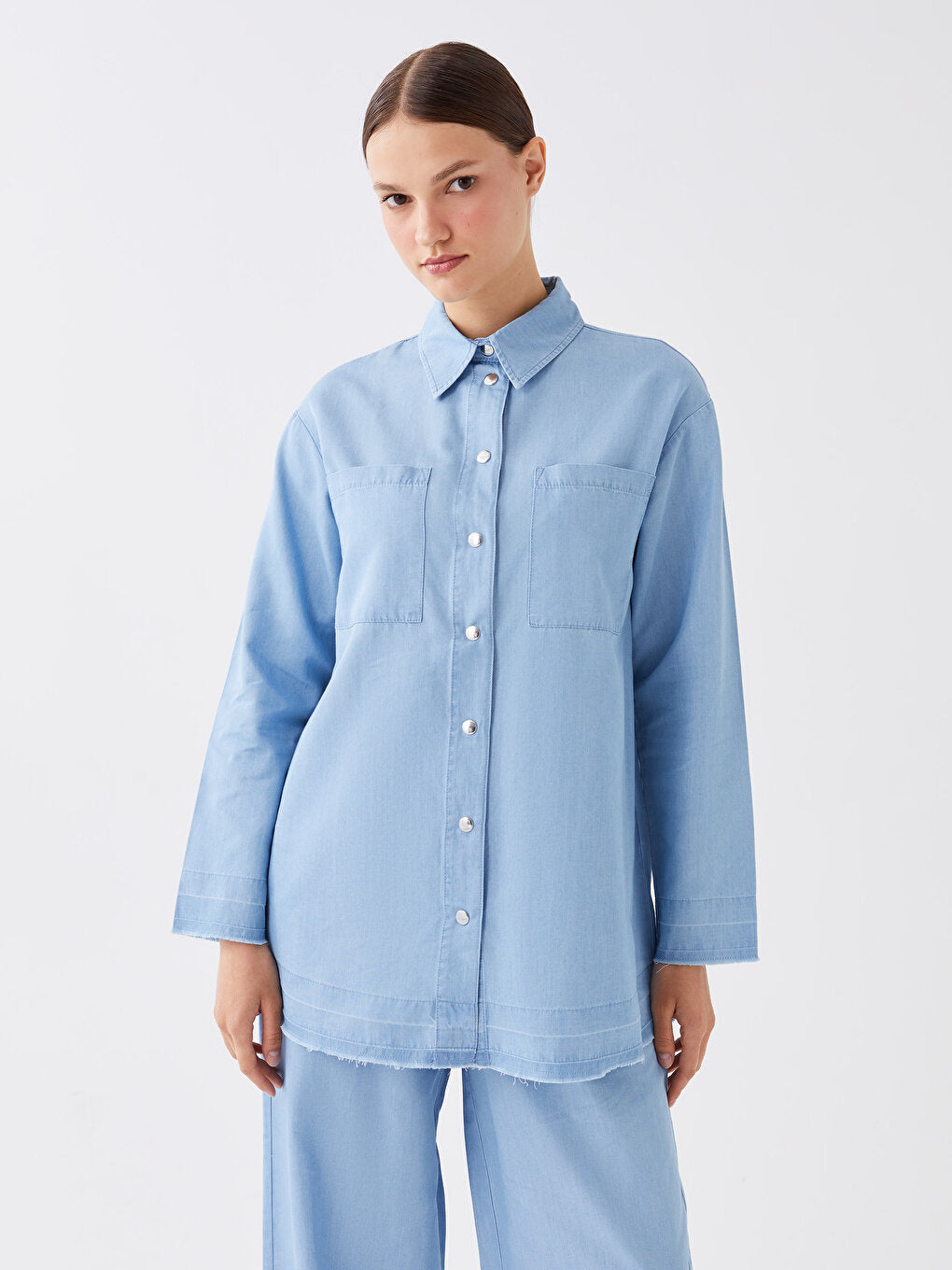 Shirt Collar Plain Long Sleeve Women's Jean Tunic