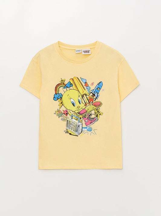 Crew Neck Tweety Printed Short Sleeve Girls' T-Shirt