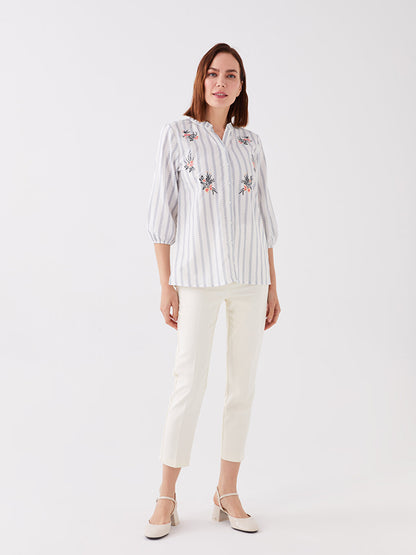 Loose Collar Embroidered Poplin Women's Shirt