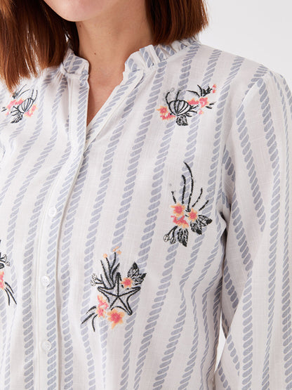 Loose Collar Embroidered Poplin Women's Shirt