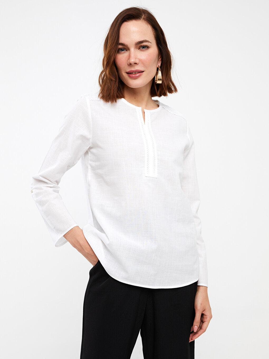 Loose Collar Lace Detailed Long Sleeve Poplin Women's Blouse