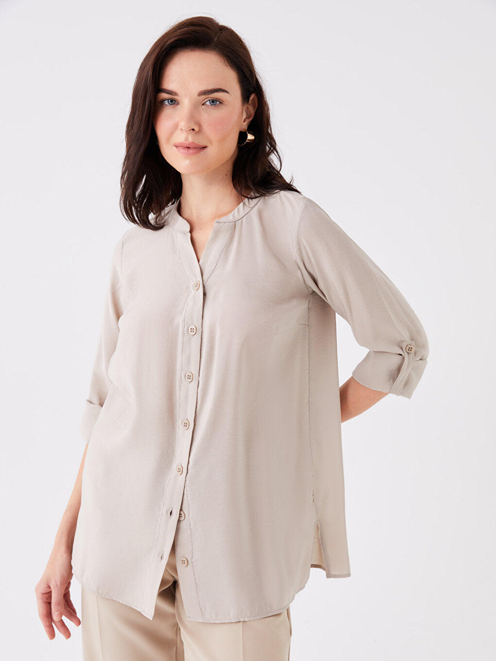 Loose Collar Plain Long Sleeve Women's Tunic