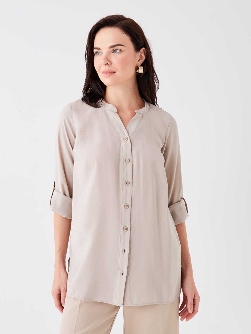 Loose Collar Plain Long Sleeve Women's Tunic