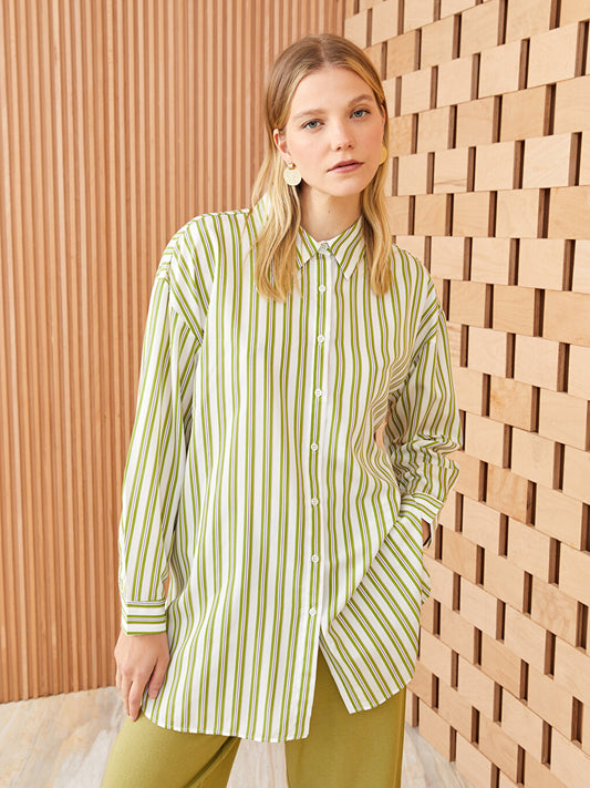 Striped Long Sleeve Oversize Poplin Women's Shirt Tunic