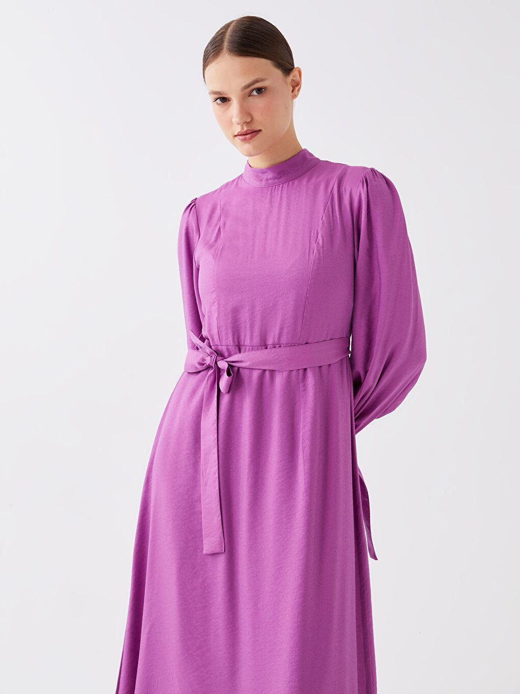 High Collar Straight Long Sleeve Satin Women's Dress