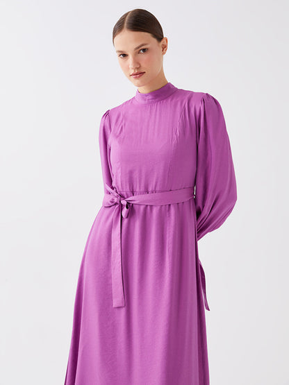 High Collar Straight Long Sleeve Satin Women's Dress