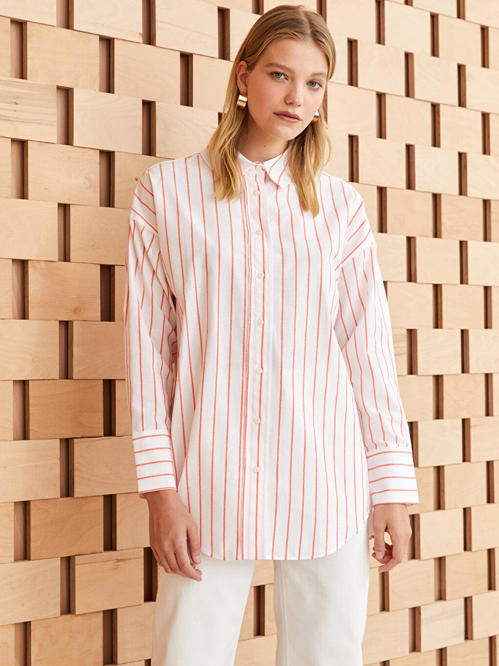 Striped Long Sleeve Oversize Poplin Women's Shirt Tunic