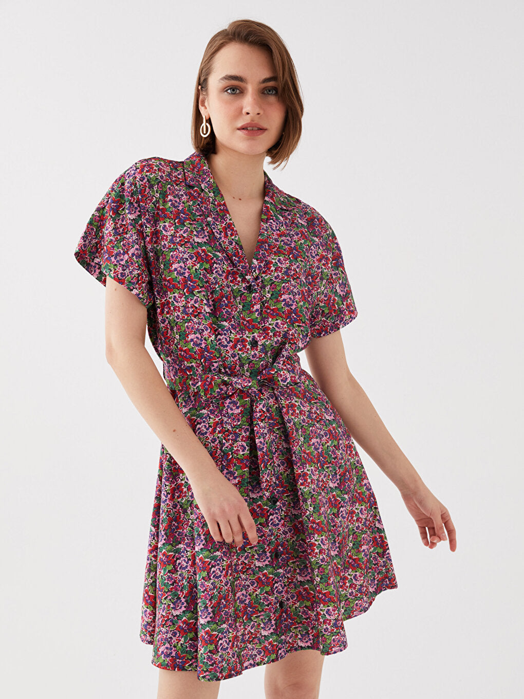 Jacket Collar Floral Short Sleeve Linen Look Women's Shirt Dress