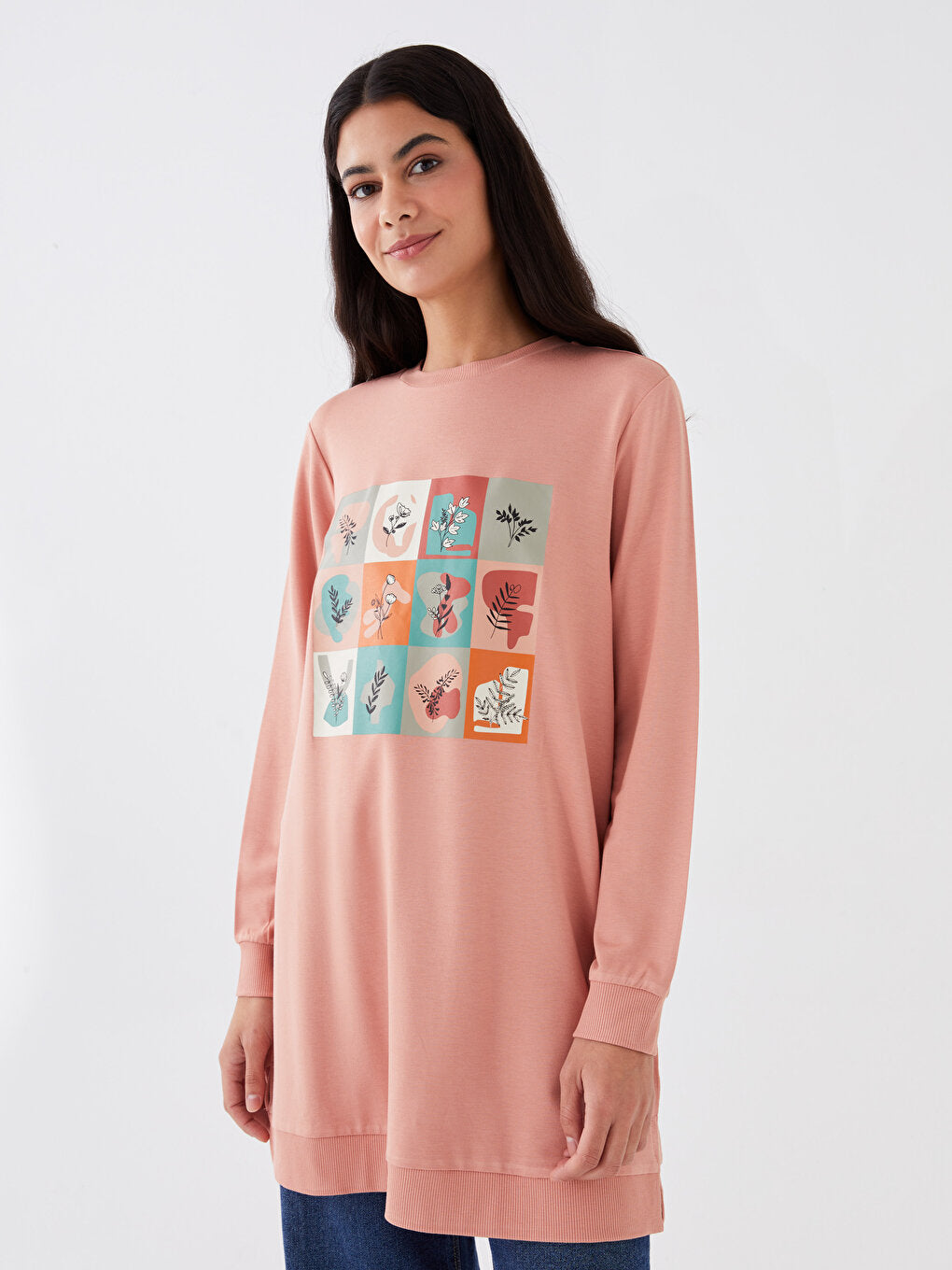 Crew Neck Printed Long Sleeve Women's Sweatshirt Tunic