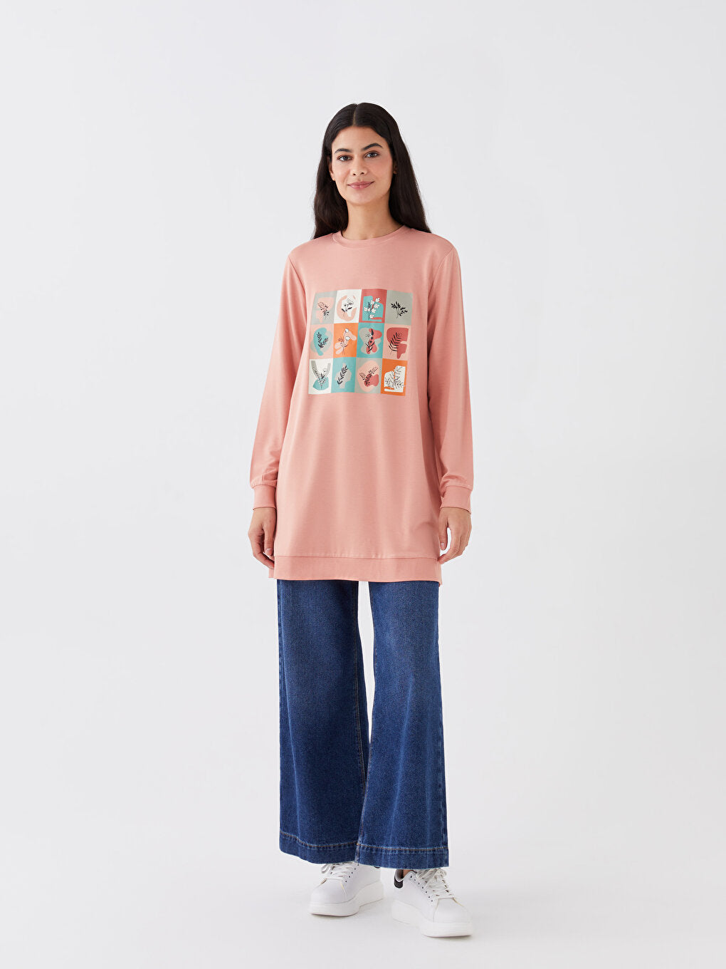 Crew Neck Printed Long Sleeve Women's Sweatshirt Tunic